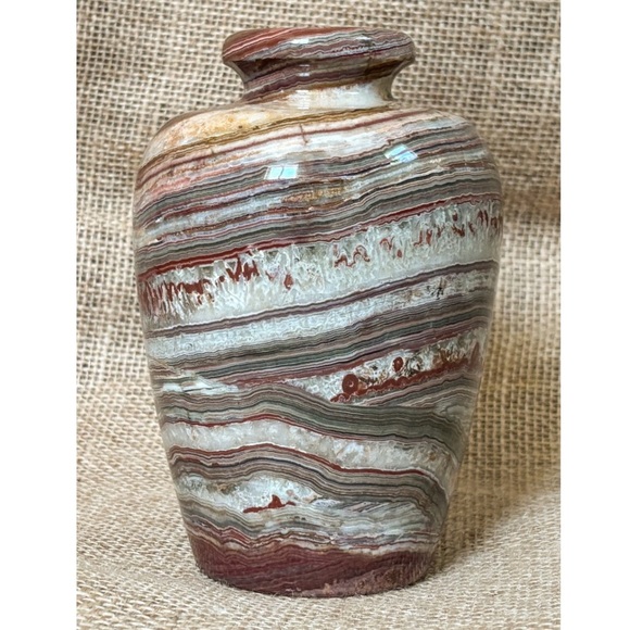 Polished Carved Onyx Marble Vase Earth Tones Rustic Cottage Core Heavyweight - Picture 2 of 7